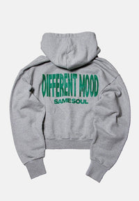 Zip Hoodie Damen Oversize Flatlay - Rückseite mit Different Mood Same Soul Print