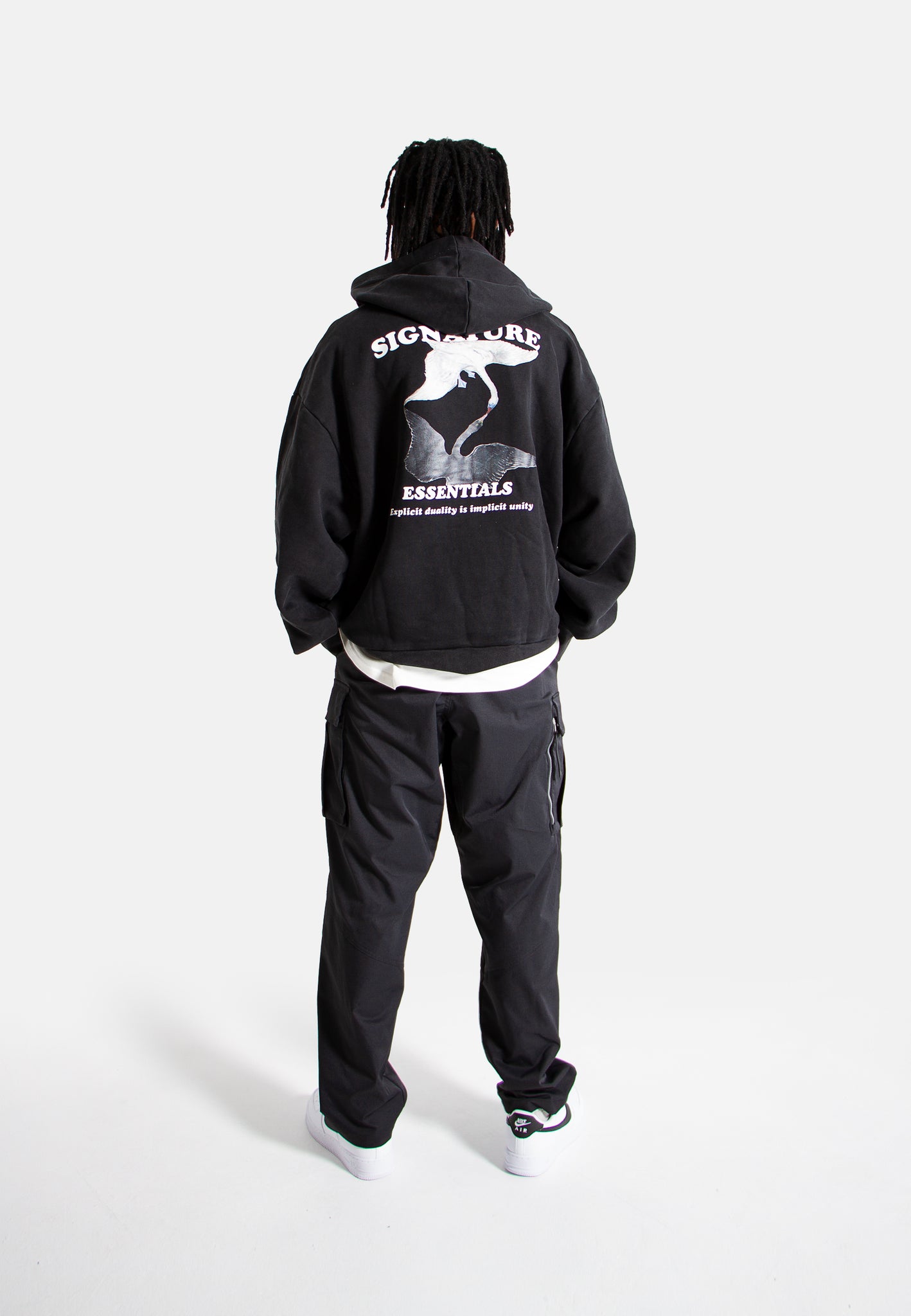Oversized fit Duality Swan Graphic Hoodie model back view