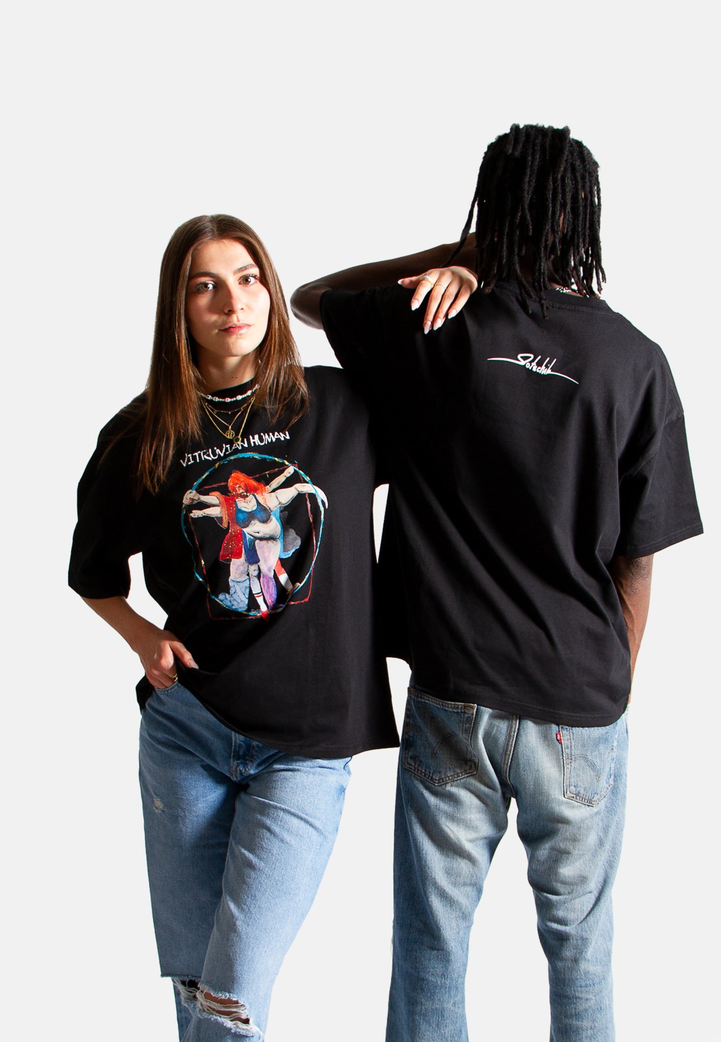 Oversized Fit Vitruvian Human Print T-Shirt model shoot