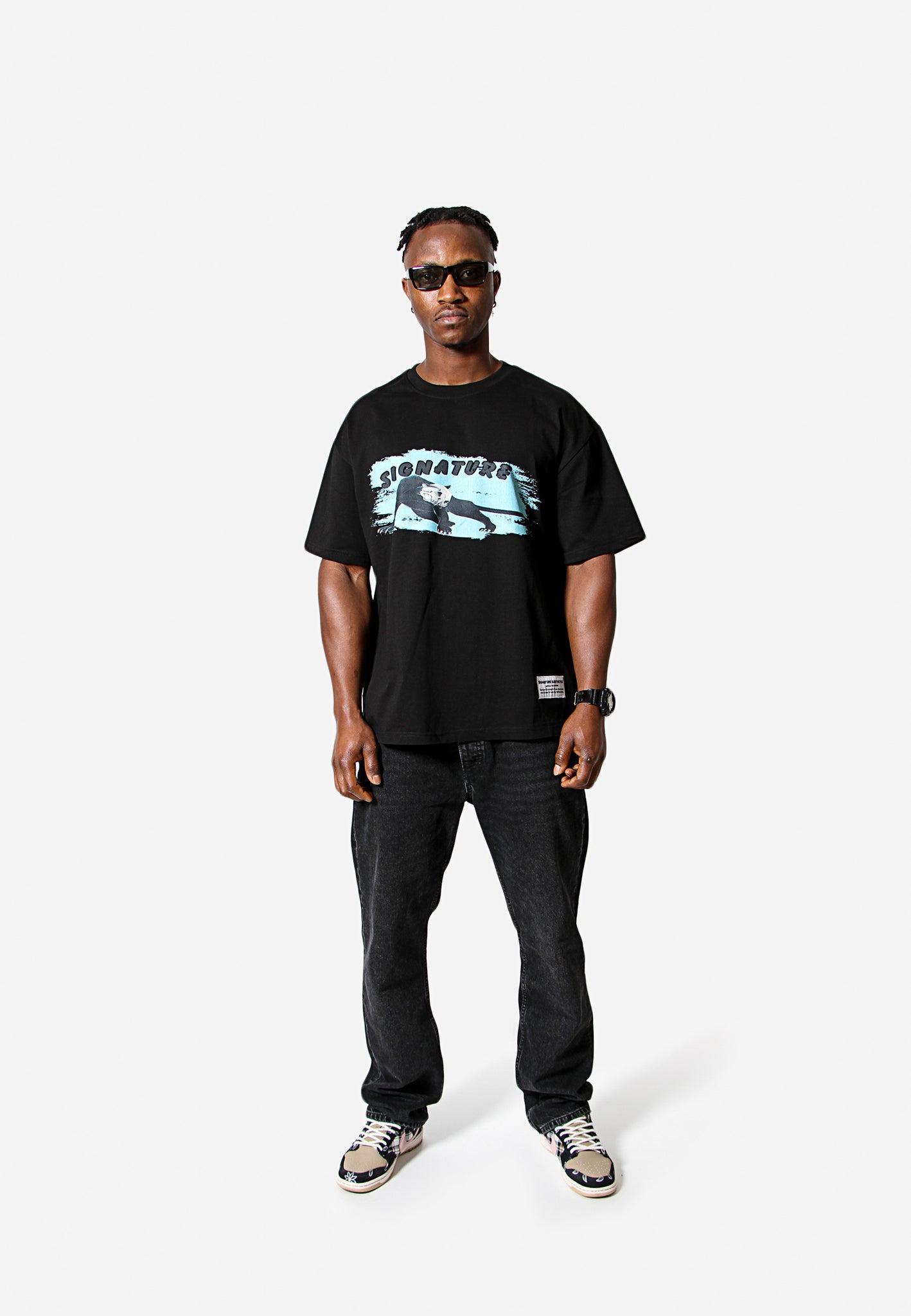 Oversized Fit Acrylic Panther Print T-Shirt full model vew